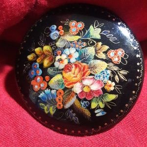 Vintage Russian hand-painted wooden brooch